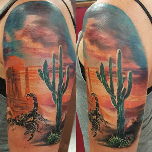Nicholas Beckers tattoo of an Arizona desert sunset. Becker is a tattooist at Fast Lane Tattoo in Tucson, Ariz. 