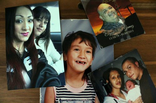 Photos of Linda Robles' family on her coffee table in her apartment in Tucson, AZ. Photography by Jake O'Rourke.