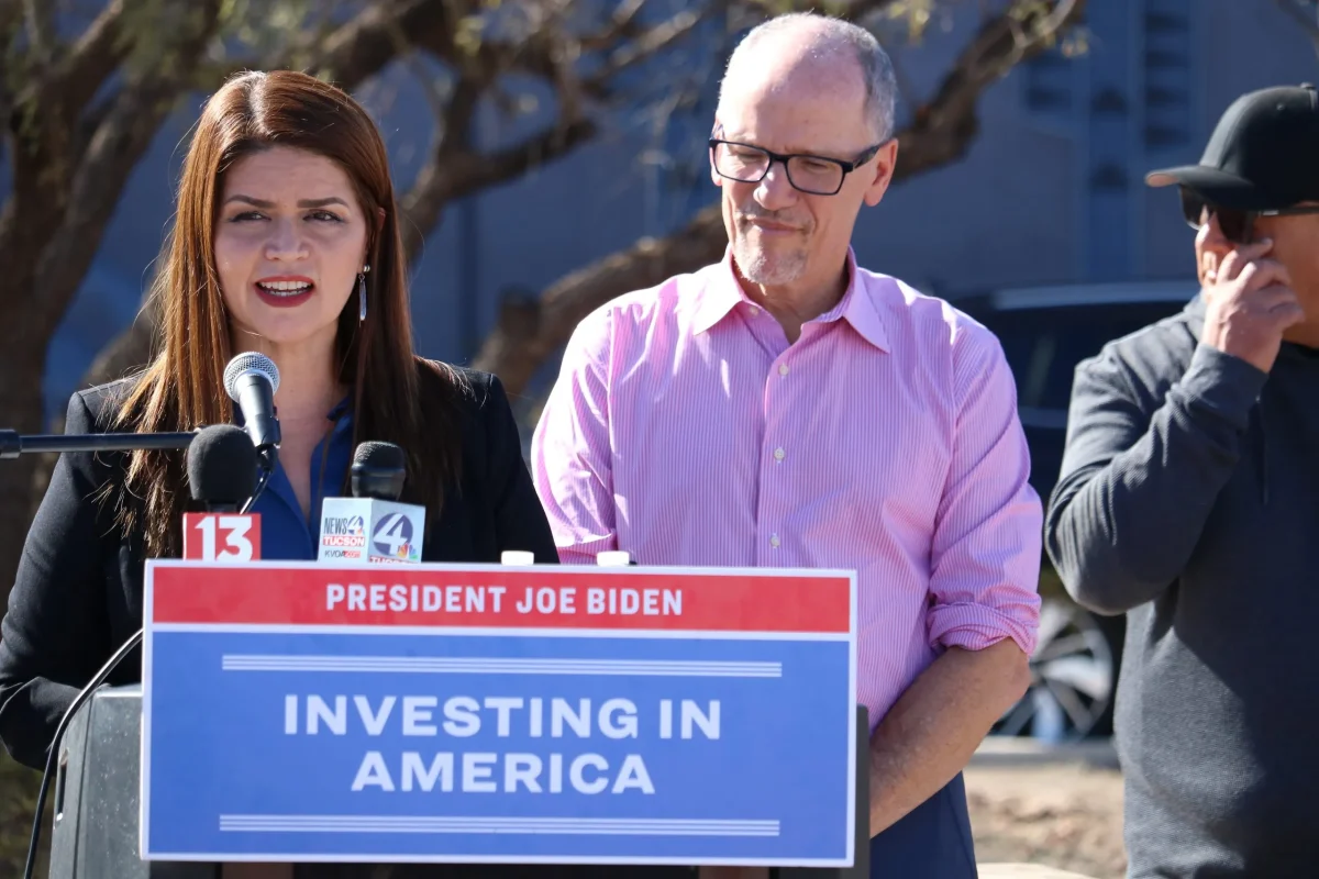 Tucson Mayor Regina Romero speaks at Senior Advisor to the President of the United States Tom Perez's Investing in America visit on Feb. 20 at La Mar Park. Romero, Perez and city officials discussed federal investments in 