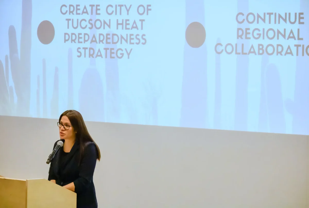 Fatima Luna closes the Southern Arizona Heat Planning Summit with a short presentation at the University of Arizona on Feb. 3. Luna serves as the City of Tucson's chief resilience officer. 