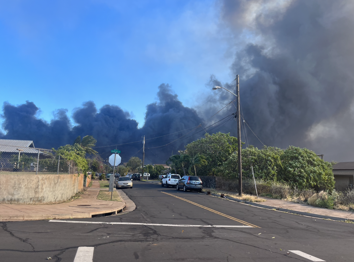Smoke overtakes the neighborhood streets during the fire that destroyed large sections of Lahaina, Maui, August 2023. Photo courtesy of Louisa Williams.

