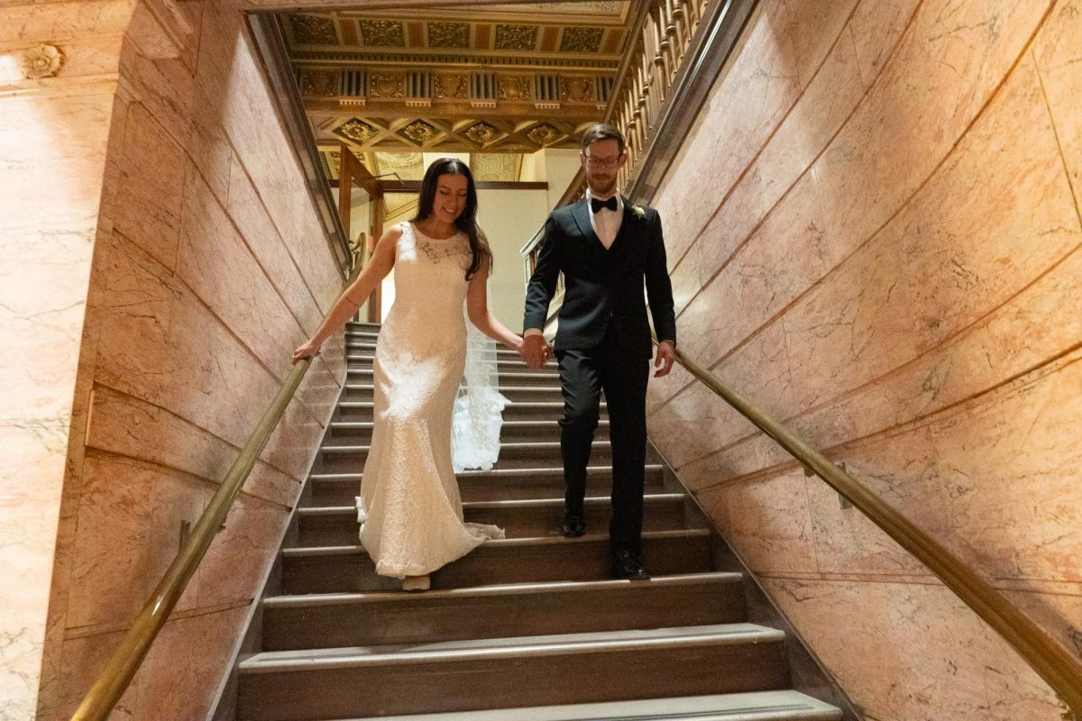 These stairs lead down to the main floor where ceremony and reception is held at The Treasury 1929.