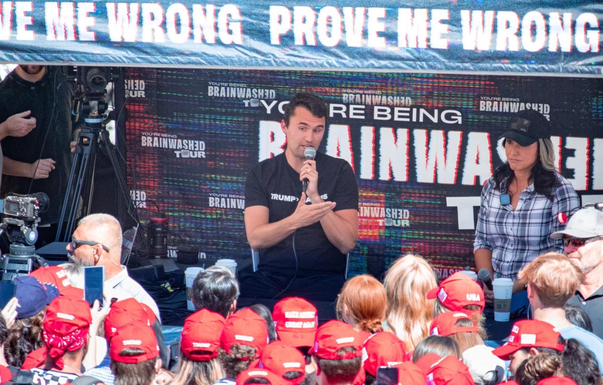 Charlie Kirk a well known republican and political influencer talked to a large group of students on the University of Arizona campus behind the student union on Oct. 16. Kirk answered political questions from students with Tulsi Gabbard. 