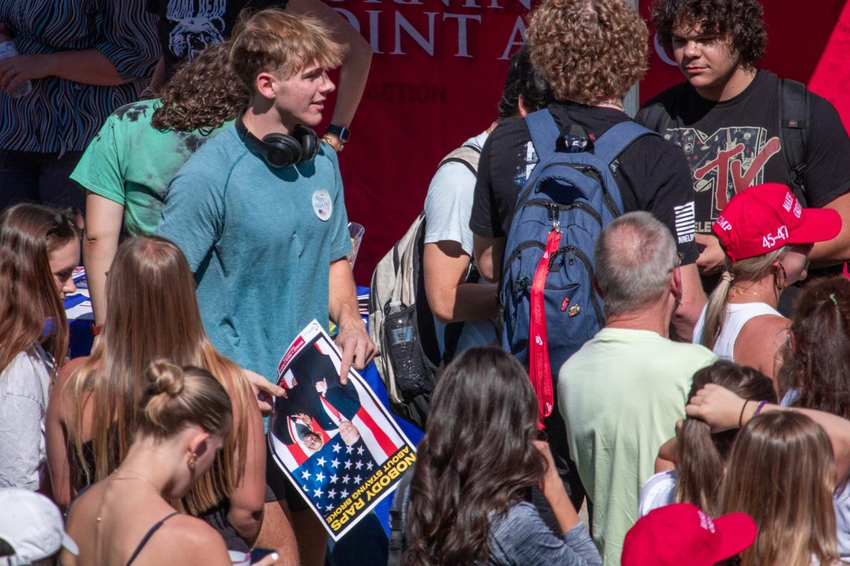 Students waiting for Charlie Kirk to talk on the University of Arizona campus on Oct. 16. Students were given t-shirts and poster before event began.