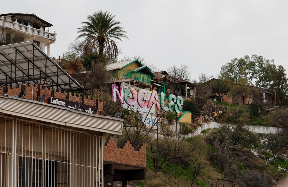 A sign for Nogales sits directly on the other side of the DeConcini Port of Entry on Jan. 29, 2026, in Nogales, Ariz.. Nogales is split in two, with Mexico just steps away.