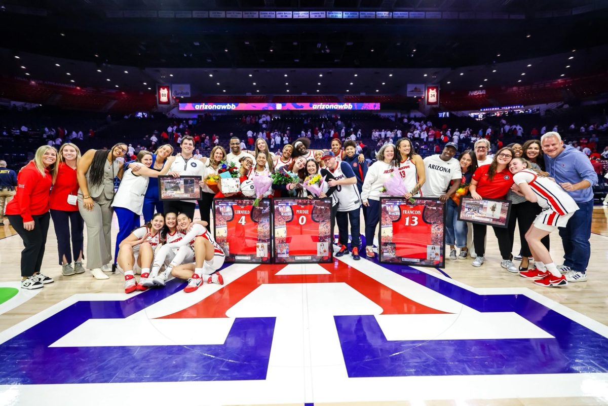 Noelani Cornfield (4), Mickayla Perdue (0), Nora Francois (13) - TUCSON, ARIZ. -- Women’s Basketball vs Houston at McKale Memorial Center in ALKEME Arena
Feb. 24, 2026. Photo by Rebecca Sasnett / Arizona Athletics