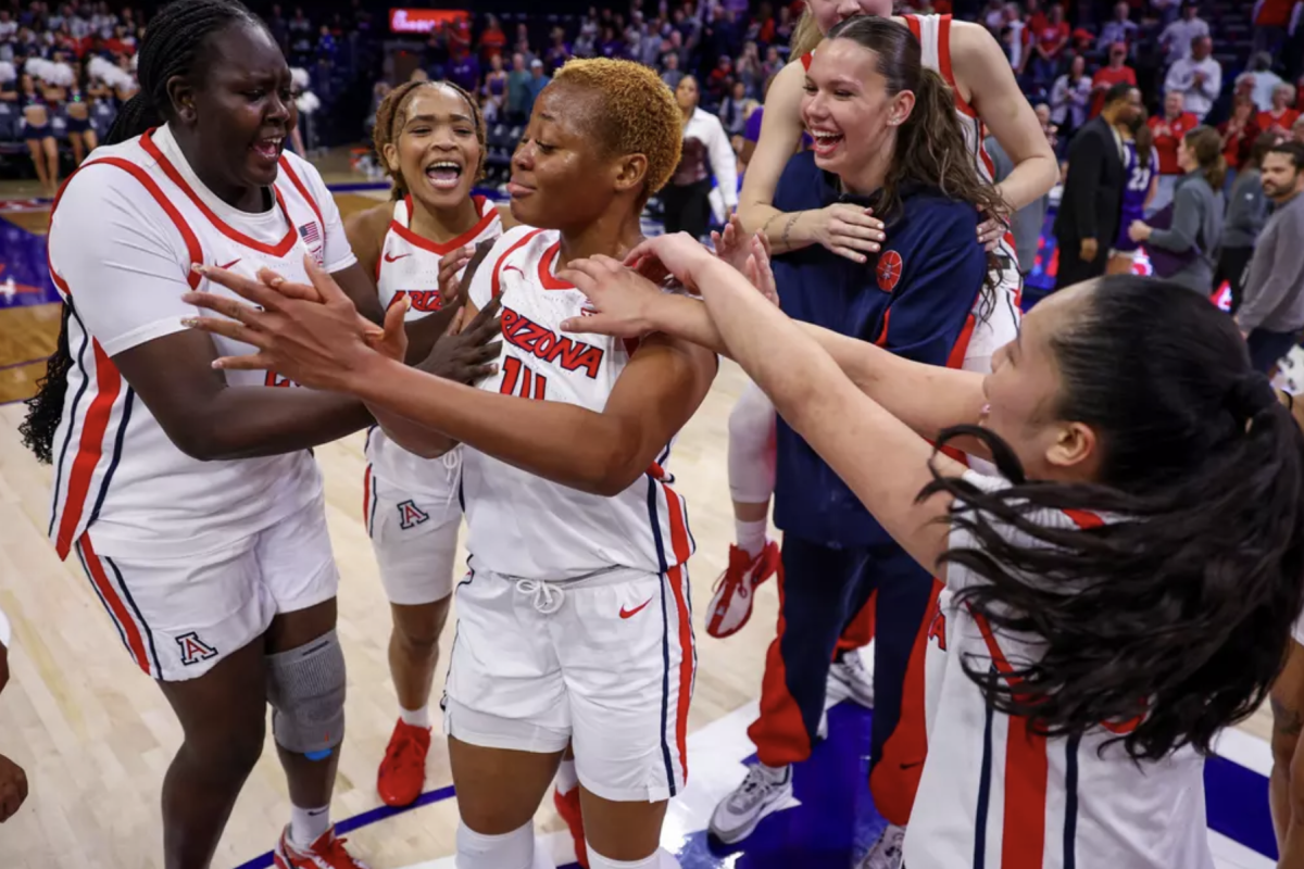 Arizona Wildcats celebrating their win over Kansas State University at McKale Center. Feb 4, 2026. Photo by Marison Bilagody/Arizona Athletics