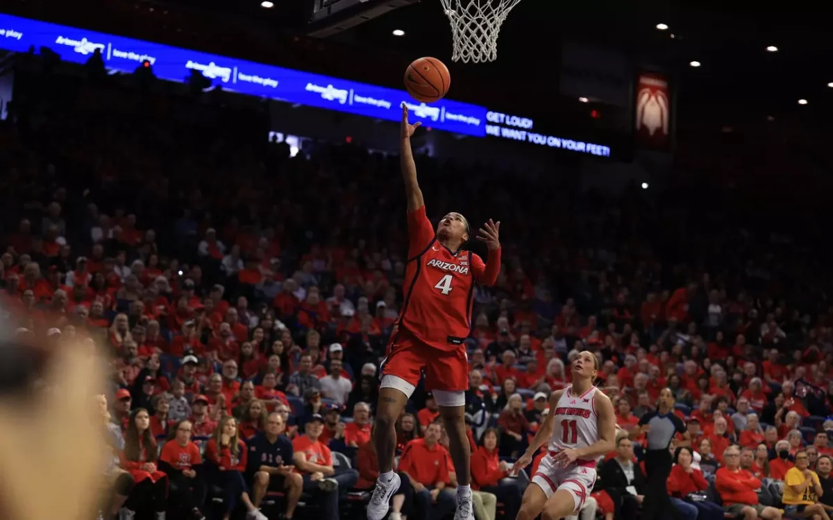Noelani Cornfield (4) makes a layup against ASU at McKale Center on Feb. 14, 2026. Photo by Arizona Athletics.