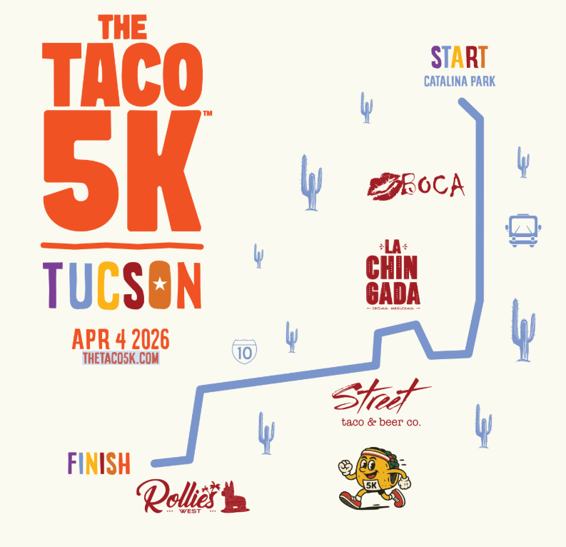 T-shirts for the Taco 5k are displayed, featuring the event route and participating Tucson restaurants, including BOCA, La Chingada, Street Taco & Beer Co. and Rollies, ahead of the race on April 4, 2026. The event invites participants to walk through downtown Tucson while enjoying tacos at multiple locations. 

