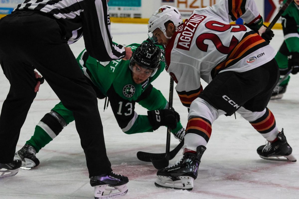 Roadrunners Forward Andrew Agozzino (29) facing off against Texas Star Matthew Seminoff (13) in the team’s 2024 season opener. 34-year-old Agozzino is the team’s assistant captain this season. 
