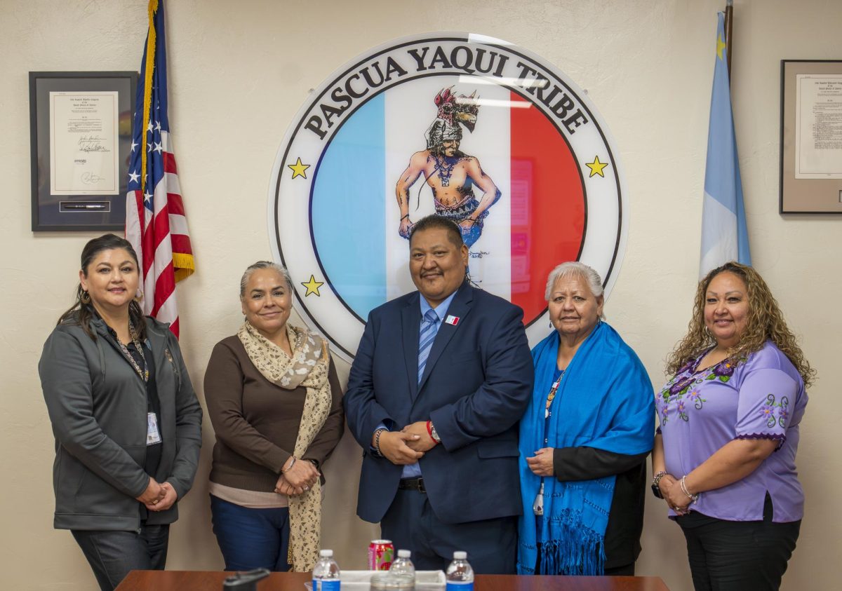 Pascua Yaqui Chairman Julian Hernandez (center) stands with members of the Tribal Council in front of the Pascua Yaqui Tribe Flag on Feb. 19, 2026. (Courtesy of Elijah Garcia)
