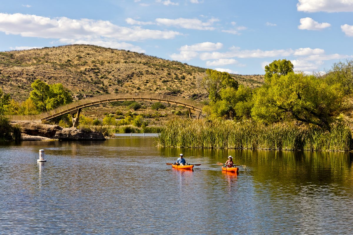 Visitors kayak at Lake Patagonia State Park in Southern Arizona. The lake is open seven days a week. (Photo courtesy of Arizona State Parks)