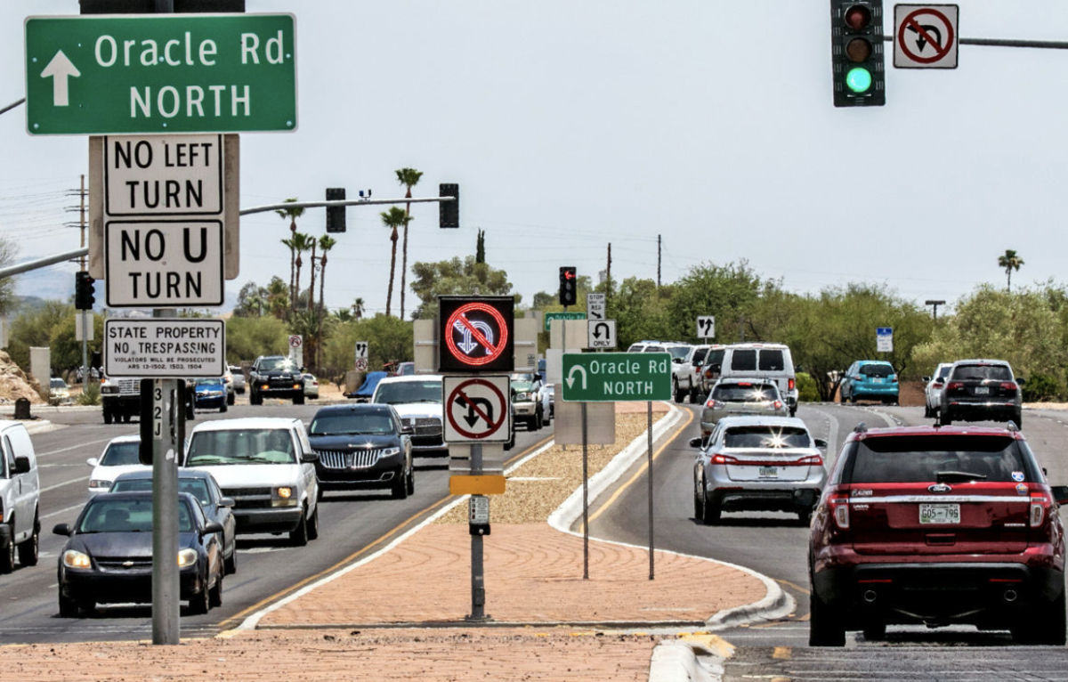 Traffic moves along North Oracle Road in Tucson, where drivers navigate signal timing, restricted turns and heavy corridor traffic that many residents say contributes to the city’s stop-and-go driving experience.